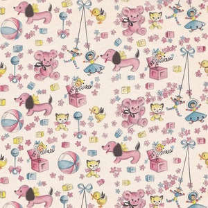 Vintage Retro Pink & Blue Baby Toys 8x8 Cotton Fabric Block - Quilting, Crafts, and Junk Journals