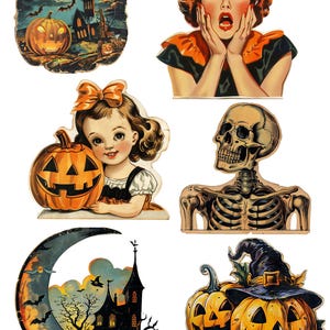 Zestaw 6 wycinanych naklejek w stylu vintage retro halloween #2 - wystarczy wyciąć i używać!