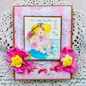 Cartão de feliz aniversário vintage retrô feito à mão para menina de um ano com chapéu dos anos 50