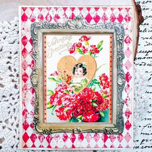 Handgemachte VALENTINSTAG-GRÜSSE Victorian Shabby Chic Mädchen m. Rosen und Rahmen Karte