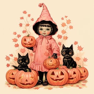 May include: A young girl dressed in a pink witch costume holds a carved pumpkin and is surrounded by black cats and pumpkins.