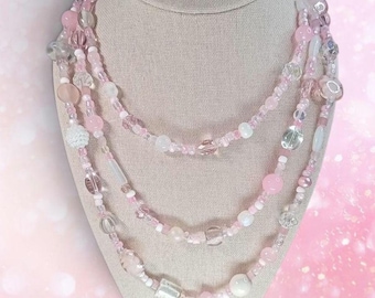 Pink and White extra long glass bead Necklace