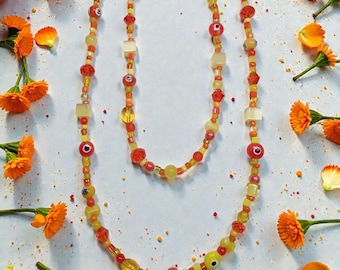 Orange and Yellow long glass beaded Necklace