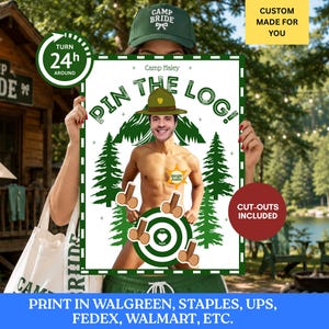Könnte beinhalten: Ein rechteckiges Spielplakat mit dem Titel Pin The Log, das eine zentrale Illustration einer Person mit Ranger-Hut zeigt, umgeben von grünen Kiefern und einer Zielscheibengrafik. Das Plakat enthält mehrere kleine, stammförmige Ausschnitte.