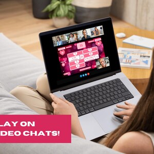 May include: A person using a laptop to play a game with friends on a video chat. The game is a love-themed game with a pink and white color scheme. The text on the screen says "Play on Video Chats!"