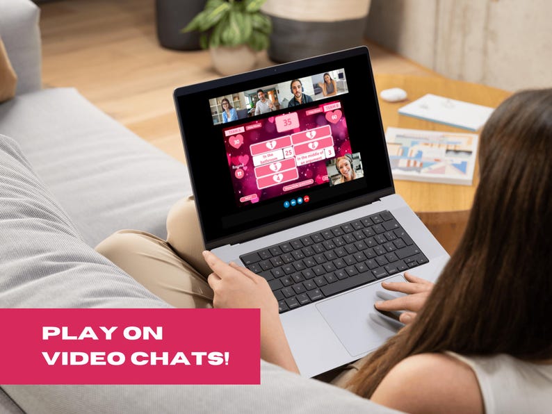 May include: A person using a laptop to play a game with friends on a video chat. The game is a love-themed game with a pink and white color scheme. The text on the screen says "Play on Video Chats!"