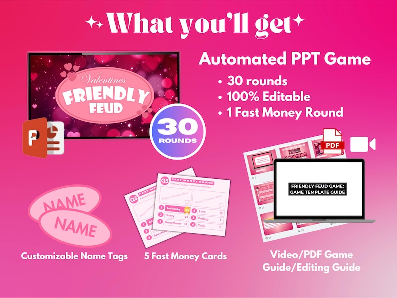 May include: A pink and white digital game template for a Valentine's Day "Friendly Feud" game. The template includes 30 rounds, 1 fast money round, customizable name tags, and 5 fast money cards. The game is fully editable and comes with a video and PDF guide.