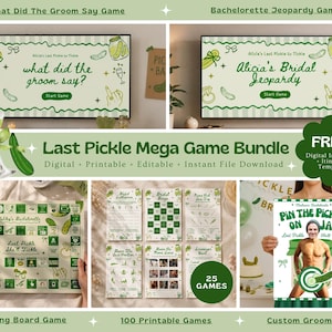 以下が含まれることがあります： ピクルスをテーマにした緑と白のグラフィックのデジタルパーティーゲームバンドル。「What Did The Groom Say」ゲーム、バチェロレッテ・ジェパディ、ボードゲーム、印刷可能なアクティビティシート、および「Pin The Pickle On Jake」のグルームポスターが含まれています。