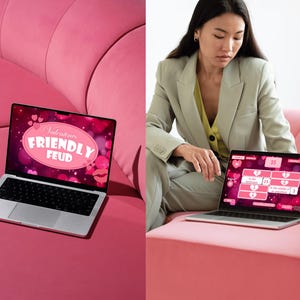 May include: A woman plays a Valentine's Day themed game on a laptop computer. The game is called "Valentine's Friendly Feud".