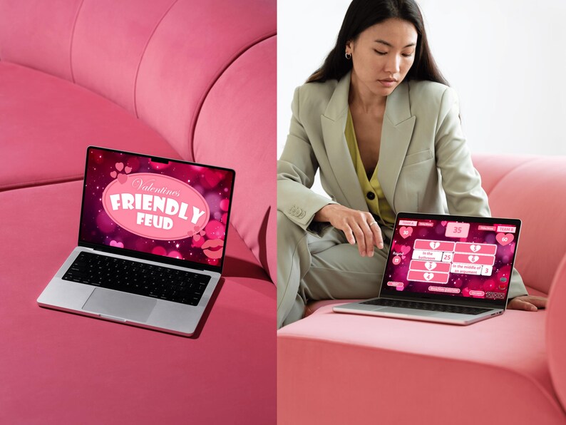 May include: A woman plays a Valentine's Day themed game on a laptop computer. The game is called "Valentine's Friendly Feud".