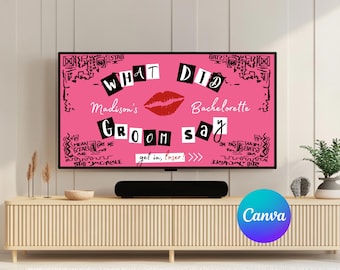 Plantilla editable de Canva del juego "¿Qué dijo el novio?", juegos de despedida de soltera con el novio, juego de recién casados, cuestionario para el novio, plantilla de video de despedida de soltera
