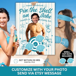Op de afbeelding: Een vrijgezellenfeestspel met de tekst "Pin the Shell on Jake". Het ontwerp bevat schelpen, een man en de woorden "Wedding Bells". De afbeelding bevat de tekst "Aanpassen met uw foto, verzenden via Etsy-bericht".