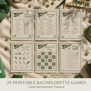 May include: Six rectangular game cards with dark green text and graphics on a light beige background. The cards feature titles like Porn or Polish, Scavenger Hunt, What's In Your Phone, Name That Sex Toy, Bachelorette Bingo, and Dirty Minds.