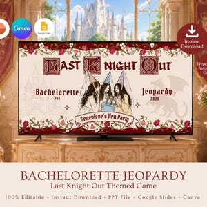 May include: A digital game display titled Last Knight Out Bachelorette Jeopardy 2026 for Genevieve's Hen Party. The graphic features three figures in party hats holding glasses, surrounded by floral borders, a castle, and a dragon silhouette.