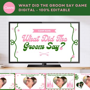 Camp Bachelorette What did the groom say game groom game fiance trivia game editable canva bachelorette game digital Mr and Mrs Game