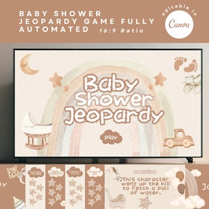 baby shower jeopardy game neutral baby shower jeopardy game idea canva editable baby shower game baby shower boho jeopardy powerpoint game