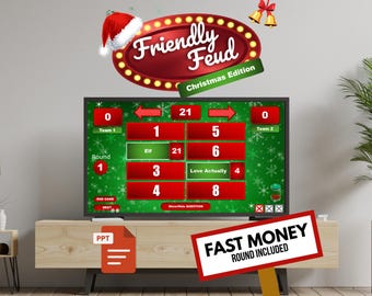 May include: A television screen displays a Christmas-themed game show, "Friendly Feud." The screen shows game answers and scores. A sign reads "Fast Money Round Included." A Santa hat and bells decorate the wall above the TV.