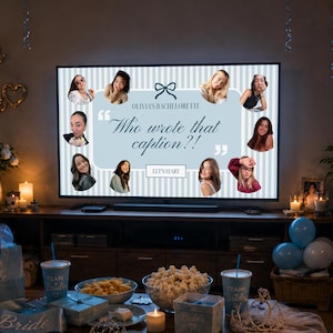 May include: A television screen displays a light blue game interface titled Olivia's Bachelorette Who wrote that caption?! with photos of nine people, a bow icon, and a Let's Start button, set against a vertical striped background.
