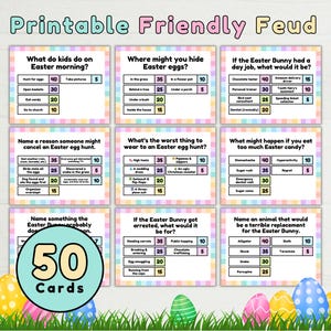 以下が含まれることがあります： 「Printable Friendly Feud」というタイトルのカラフルなゲームセットで、50枚のカードが含まれています。カードにはイースターをテーマにした質問と回答が記載されており、装飾的なボーダーとイースターエッグのイラストが施されています。