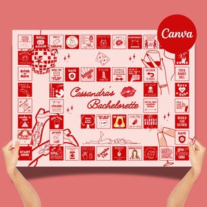 May include: A pink and red bachelorette party game board with the text "Cassandras Bachelorette" in the center. The board is divided into squares with different activities and challenges for the players to complete.