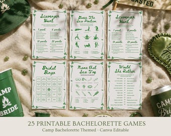 Spielepaket für den Junggesellinnenabschied im Camp, bearbeitbare Canva-Vorlage für den Junggesellinnenabschied im Camp, Druckvorlagen für den Junggesellinnenabschied am See, Spiele für den Junggesellinnenabschied in der Hütte