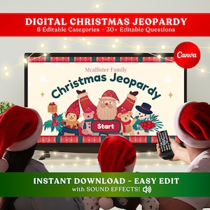May include: A digital Christmas Jeopardy game displayed on a TV screen, featuring a festive design with Santa Claus, elves, and a snowman. The game is titled "Mcallister Family Christmas Jeopardy" and has a "Start" button. The image also shows two people wearing Santa hats and watching the game.