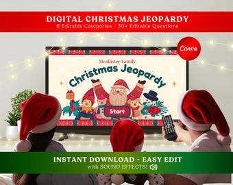 May include: A digital Christmas Jeopardy game on a TV screen with a festive design featuring Santa Claus, elves, and a snowman. The game is titled "Mcallister Family Christmas Jeopardy" and has a "Start" button. The image also shows two people wearing Santa hats and watching the game.