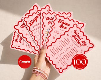 Bachelorette Party Games Printable Bundle for Hen Party Editable Wavy Pink Red Bachelorette Games for Adults Hen Do Fun Bridal Shower Games