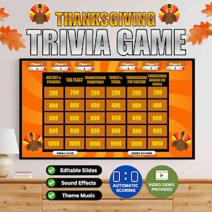 Könnte beinhalten: Thanksgiving-Quizspiel mit Kategorien wie Geschichte & Pilger, Das Fest und Thanksgiving-Traditionen. Das Spielbrett hat ein Raster mit Punktwerten von 200 bis 1000. Zu den Funktionen gehören editierbare Folien, Soundeffekte und Themenmusik.