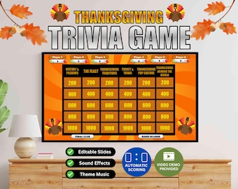 May include: Thanksgiving Trivia Game with categories like History & Pilgrims, The Feast, and Thanksgiving Traditions. The game board has a grid with point values from 200 to 1000. Features include editable slides, sound effects, and theme music.