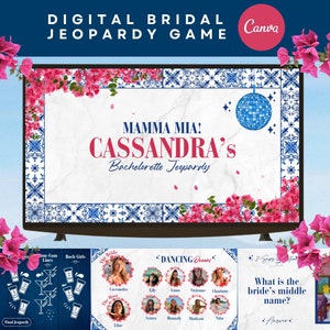 Puede incluir: Un juego de despedida de soltera digital basado en la película Mamma Mia! con un fondo de patrón de azulejos azules y blancos. El juego se llama "Cassandra's Bachelorette Jeopardy".