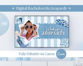 Bachelorette Jeopardy Game Template Canva Bridal Jeopardy Powerpoint Game Blue Denims and Diamonds Bridal Trivia Game Wedding Jeopardy