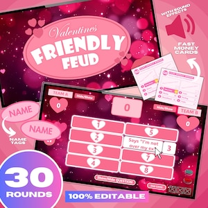 May include: A Valentine's Day themed game board with a pink background and a title that reads "Valentine's Friendly Feud". The game board has two teams, Team A and Team B, and 30 rounds. The game board is 100% editable.