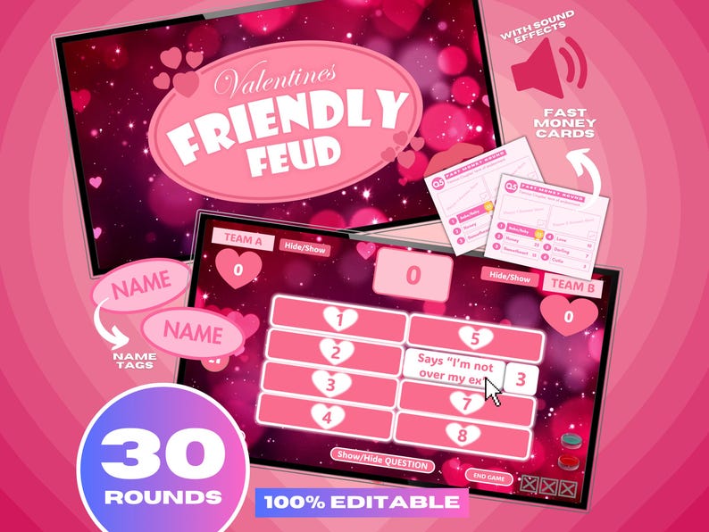 May include: A Valentine's Day themed game board with a pink background and a title that reads "Valentine's Friendly Feud". The game board has two teams, Team A and Team B, and 30 rounds. The game board is 100% editable.