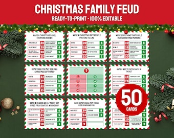 May include: A set of 50 printable Christmas Family Feud cards with a green and red striped border. The cards feature various Christmas-themed questions and answers, such as "Name a Christmas carol everyone knows" and "Name something a young kid is wishing for".