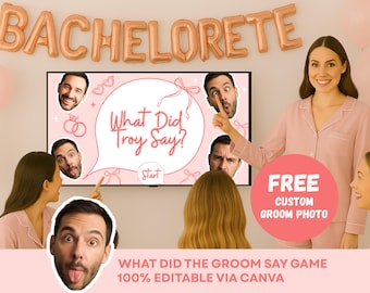 What Did The Groom Say Vrijgezellenspel, Girls Gone Mild Game, Ladies Night Game, Ask the Groom-diavoorstelling, bewerkbare canvassjabloon