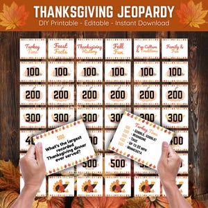 May include: Thanksgiving Jeopardy game with categories like Turkey Time and Feast Facts. The game includes question cards and a grid with point values. The text on the cards includes trivia questions and answers related to Thanksgiving.