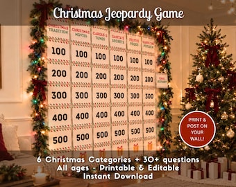 May include: A Christmas Jeopardy game wall display featuring six categories: Christmas Tradition, Christmas Movies, Carols & Tunes, Santa's Secrets, Festive Foods, and Guess the Potluck, with point values from 100 to 500 and a Final Jeopardy card.