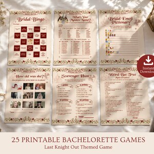 May include: Six cream-colored printable game sheets for a bachelorette party featuring a medieval theme. The sheets include Bridal Bingo, What's Your Maiden Name, Bridal Emoji Pictionary, How Old Was She, Scavenger Hunt, and Weird But True.