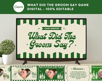 Camp Bachelorete Wat zei de bruidegom spel diavoorstelling bruidegom spel verloofde trivia spel bewerkbaar canvas vrijgezellenspel digitaal Mijnheer en mevrouw