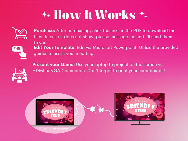May include: A pink background with instructions on how to use a Valentine's Day themed "Friendly Feud" game. The instructions include purchasing, editing, and presenting the game. The image also shows a laptop screen displaying the game and a television screen displaying the game.