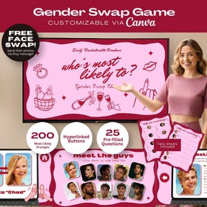 May include: A digital Gender Swap Game template for Canva featuring a pink and maroon color scheme. The display shows Who's Most Likely To, Meet The Guys, and tally sheets with 200 prompts, 25 questions, and hyperlinked buttons for bachelorette parties.
