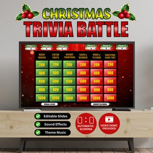 May include: A television screen displays a Christmas Trivia Battle game. The game board features categories like "Merry Origins" and "Movie & TV Cheer." The words "Christmas Trivia Battle" are at the top, with holly berry accents. Additional features include editable slides, sound effects, and theme music.