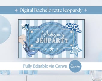 Bachelorette Jeopardy Game Template Canva Bridal Jeopardy Powerpoint Game Blue Denims and Diamonds Bridal Trivia Game Wedding Jeopardy