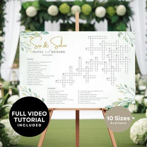 May include: A white wedding crossword puzzle sign with green watercolor leaves and gold lettering. The sign says "Sip & Solve" with the couple's names and wedding date. The sign also includes a full video tutorial.