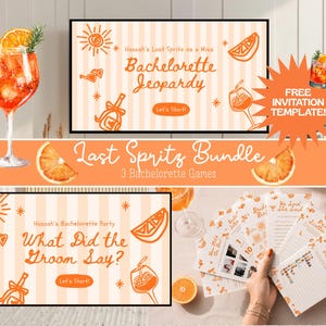 Puede incluir: Un paquete de juegos para despedida de soltera con tarjetas a rayas naranjas y blancas, ilustradas con cócteles spritz, rodajas de naranja y gafas de sol. El texto incluye Hannah's Last Spritz as a Miss, Bachelorette Jeopardy y What Did the Groom Say.