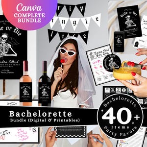 Op de afbeelding: Een zwart-witte printbare bachelorette-partybundel met meer dan 40 items. De bundel bevat een bord met de tekst "Bride or Die", een wijnfleslabel, een spelkaart, een feestgunst en een schema. De bundel is perfect voor een griezelig of gotisch themafeest.