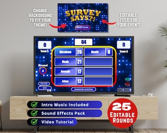 Può includere: Uno schermo di gioco digitale che mostra il gioco "Survey Says?!". Lo schermo mostra i punteggi delle squadre, i nomi dei giocatori e le informazioni sul round. L'immagine include anche il testo "Intro Music Included", "Sound Effects Pack", "Video Tutorial" e "25 Editable Rounds".