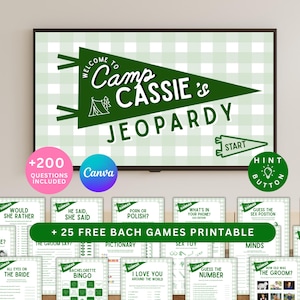 May include: A digital game screen with the text "Welcome to Camp Cassie's Jeopardy" in green on a green and white checkered background. Below are printed game cards with various titles, including "Would She Rather" and "Guess the Sex Position".