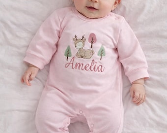Barboteuse bébé personnalisée, broderie de cerf des bois, prénom personnalisé